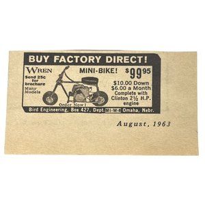 Wren Mini-Bike Mini Print Ad Vintage 1963 Bird Engineering Omaha NE